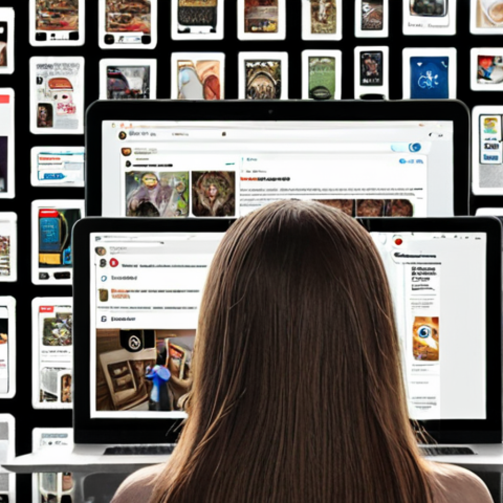 **An individual surrounded by targeted ads on multiple devices, reflecting the influence of AI recommendation algorithms on consumer choices, with a subtle sense of being overwhelmed.** (Focus: The user experience of being targeted.)
