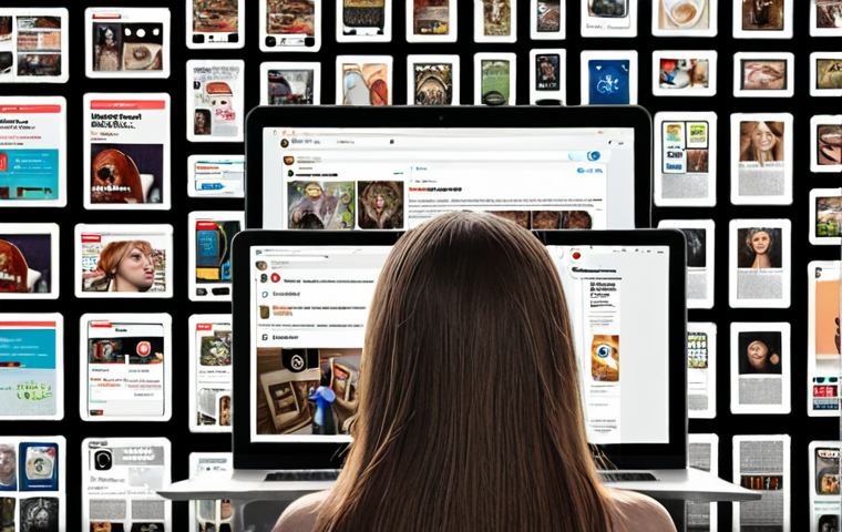 **An individual surrounded by targeted ads on multiple devices, reflecting the influence of AI recommendation algorithms on consumer choices, with a subtle sense of being overwhelmed.** (Focus: The user experience of being targeted.)